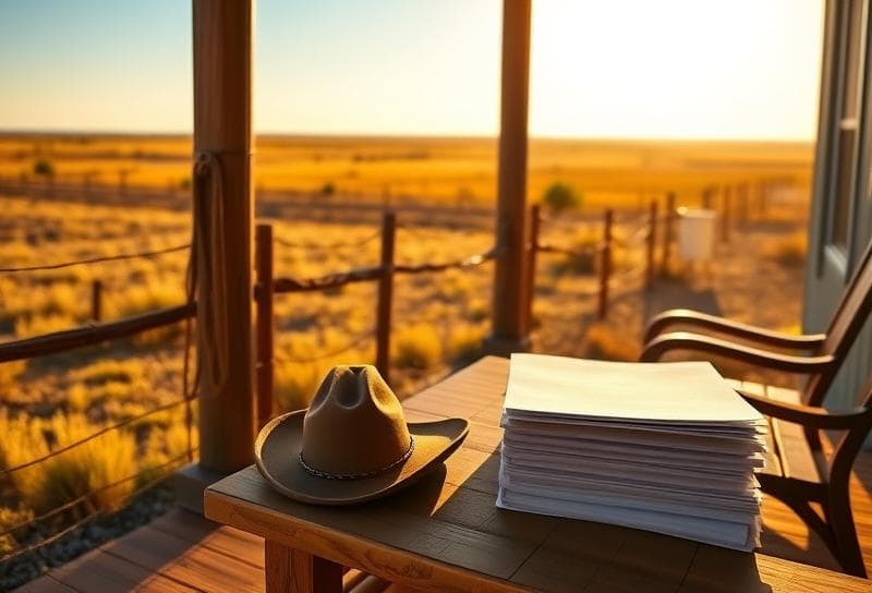 Sunlit Texas ranch with Houston-style home, lasso on fence, and property documents symbolizing land with