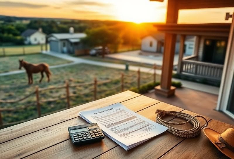 Sunset over a Texas ranch with property tax documents, calculator, and lasso on a wooden