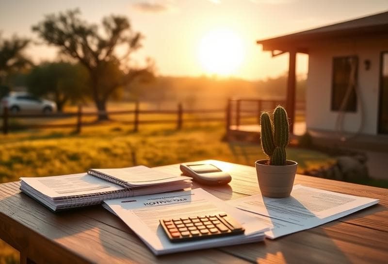 Sunlit Texas ranch with Houston home, desk with property tax documents, and lasso for homestead