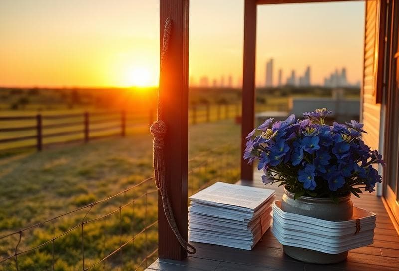 Texas ranch sunset with Houston-style home, lasso on fence, and property tax documents, highlighting galleria