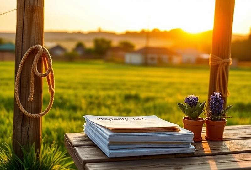 Golden hour Texas ranch with a lasso, property tax documents, and Houston's new tax relief