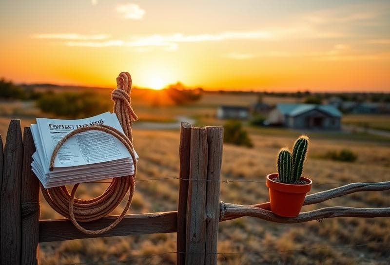 Sunset over a Texas ranch with Houston suburbs, lasso on fence, and property tax documents