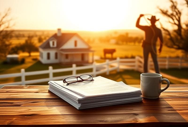 Houston suburban home with property documents, grazing cattle, and cowboy silhouette under golden-hour lighting.
