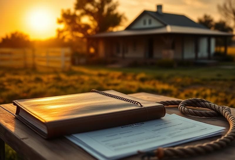 Sunlit Texas ranch with property tax documents, lasso, and western-themed homeownership pride.