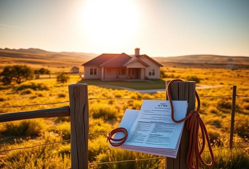 Texas ranch home with property tax documents and lasso under golden-hour lighting.