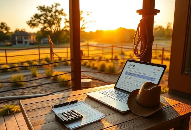 Sunlit Texas ranch with Houston suburbs, desk with property tax documents, lasso, and cowboy hat