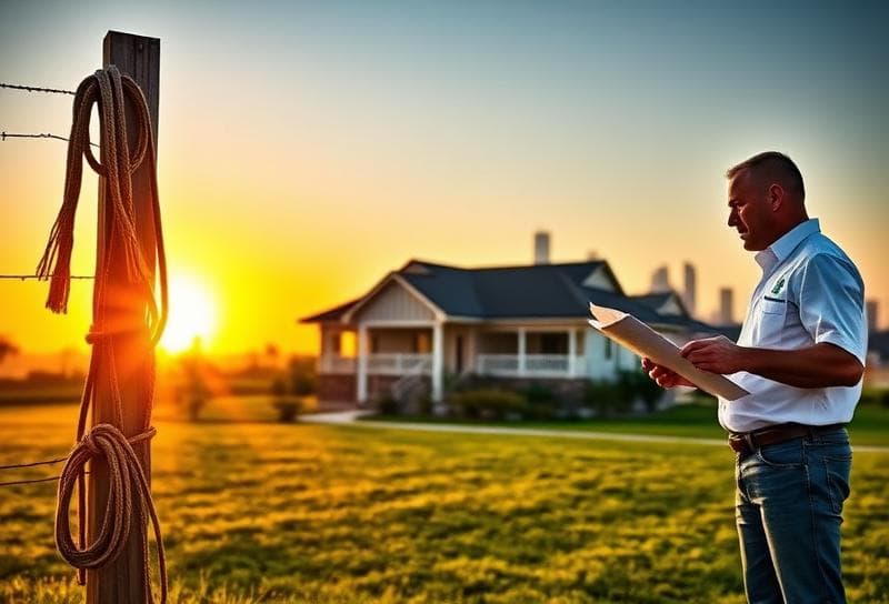 Sunset Texas ranch with Houston-style home, lasso on fence, contractor reviewing blueprints, Houston skyline in
