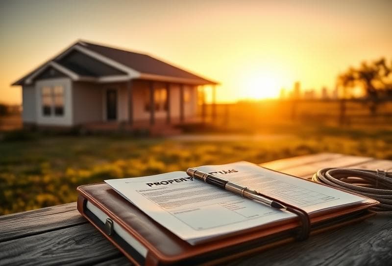 Modern Texas ranch home at sunset with property tax documents and lasso on a rustic