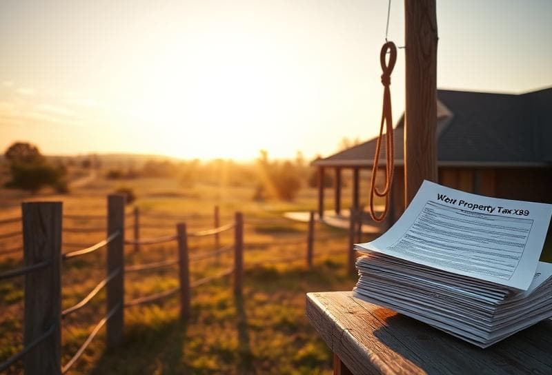Sunlit Texas ranch with modern Houston home, lasso on fence, and property tax documents, symbolizing