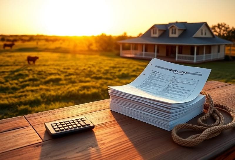 Sunlit Texas ranch with property tax documents, lasso, and grazing cattle symbolizing commercial property tax