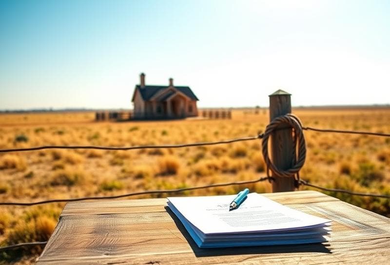 Houston suburban home with property tax documents on a rustic table, Texas prairie backdrop, and