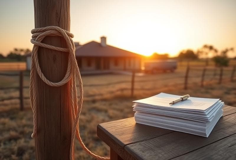 Texas ranch at sunset with lasso, property documents, and modern ranch-style home symbolizing property tax