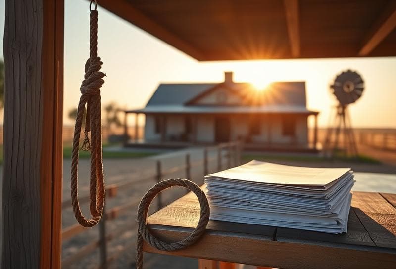 Golden hour Texas ranch with Houston-style house, windmill, and property tax documents on porch.