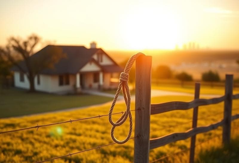 Sunlit Texas ranch with Houston suburban home, lasso on fence, symbolizing clarity in notice of
