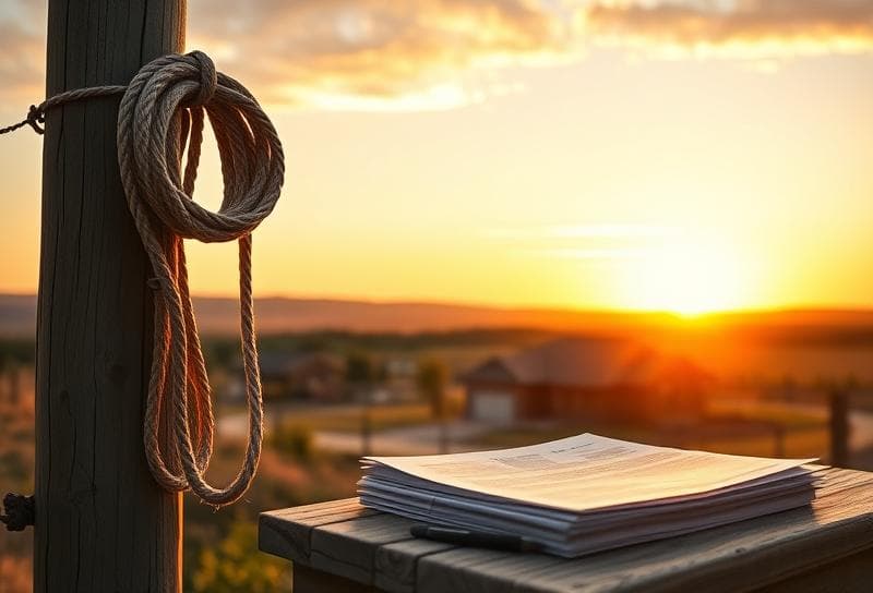 Texas ranch sunset with suburban home, lasso on fence, and 41.411 protest form documents on