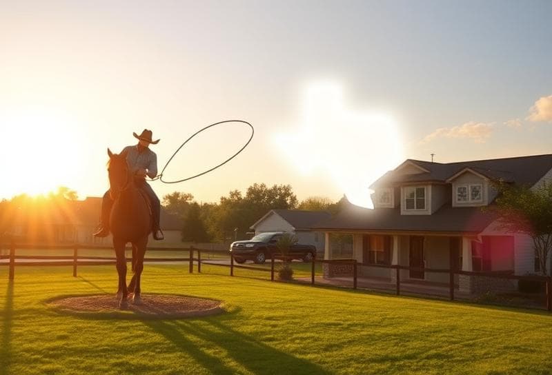 Sunlit Texas ranch with a Houston home, cowboy lassoing glowing property tax documents symbolizing real