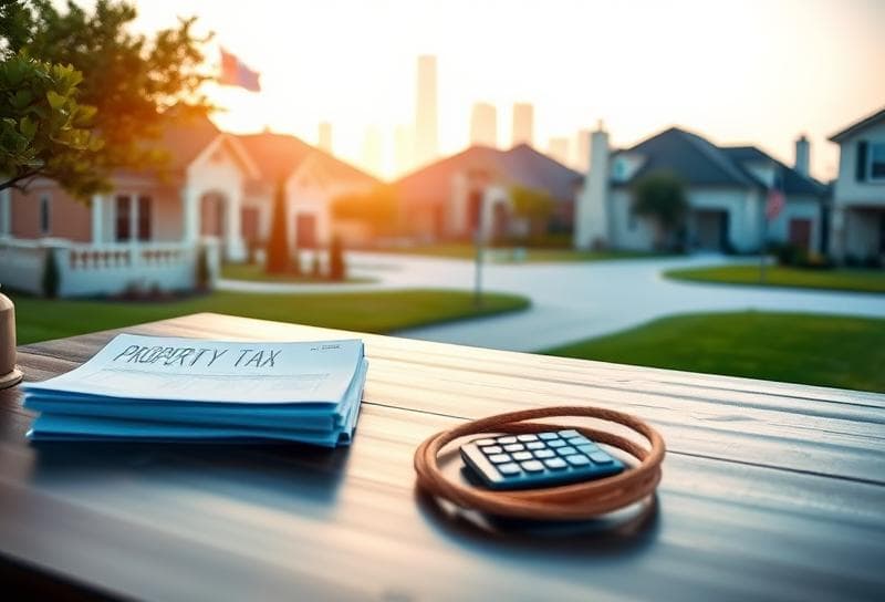 Sleek wooden desk with property tax documents, calculator, and lasso under a bright Texas sky