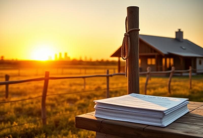 Texas ranch sunset with Houston-style home, lasso on fence, and property tax documents, highlighting homestead