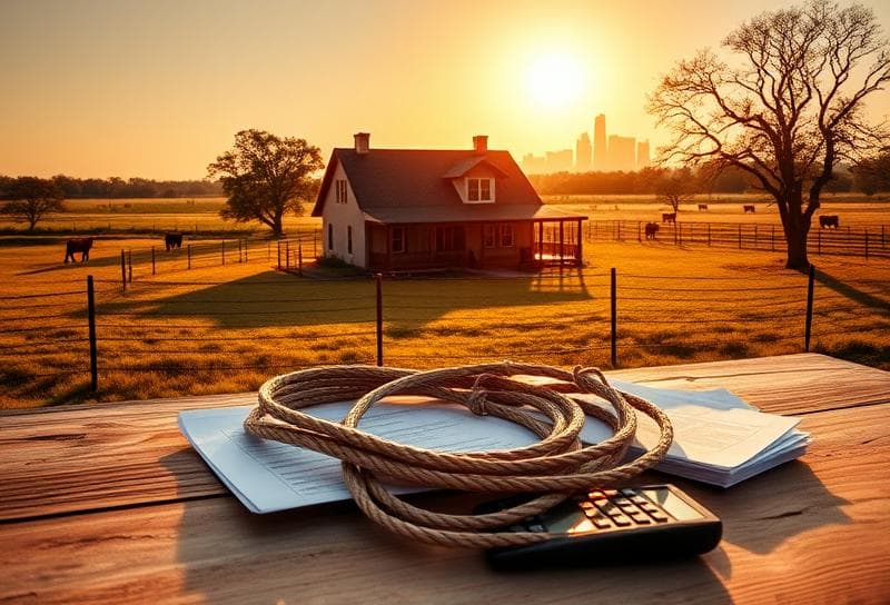 Ranch-style home with grazing cattle, lasso, and property tax documents symbolizing rental property expenses management