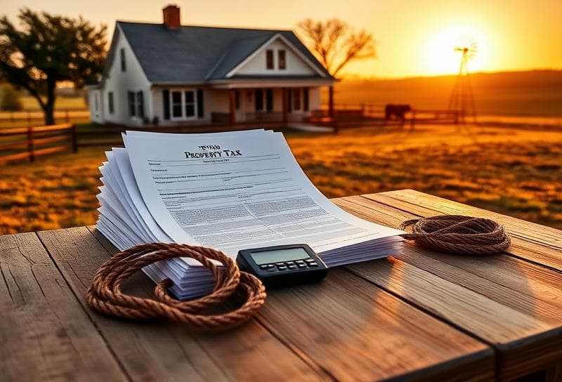 Texas ranch sunset with property tax documents, calculator, and lasso on a wooden table.