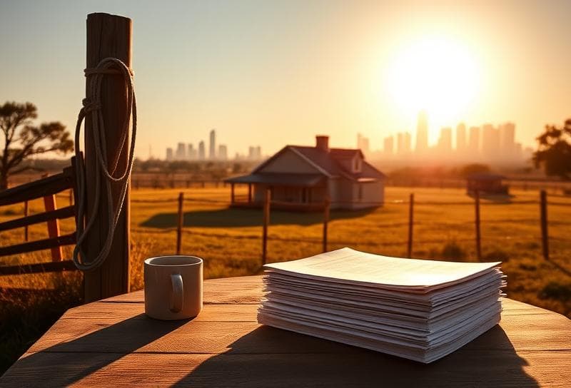 Texas ranch home with Houston skyline, lasso on fence, and property tax documents for Harris