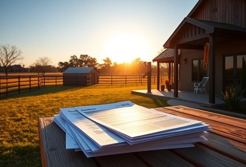 Sunlit Texas ranch with suburban home, lasso on post, and property tax documents on rustic