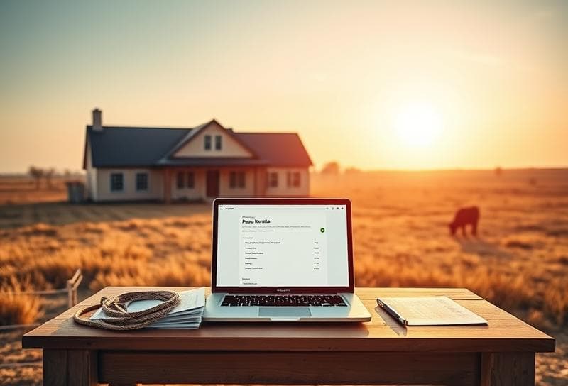 Houston ranch house with laptop, property records, and lasso under golden Texas sky.
