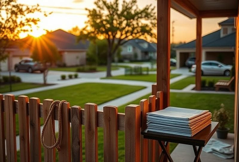 Sunset over a Houston suburban neighborhood with a Texas-style fence, lasso, and property tax documents