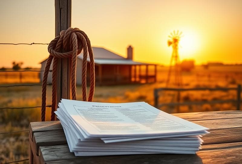 Texas ranch landscape with a lasso-draped fence, windmill, and property documents symbolizing Novotny tax protest