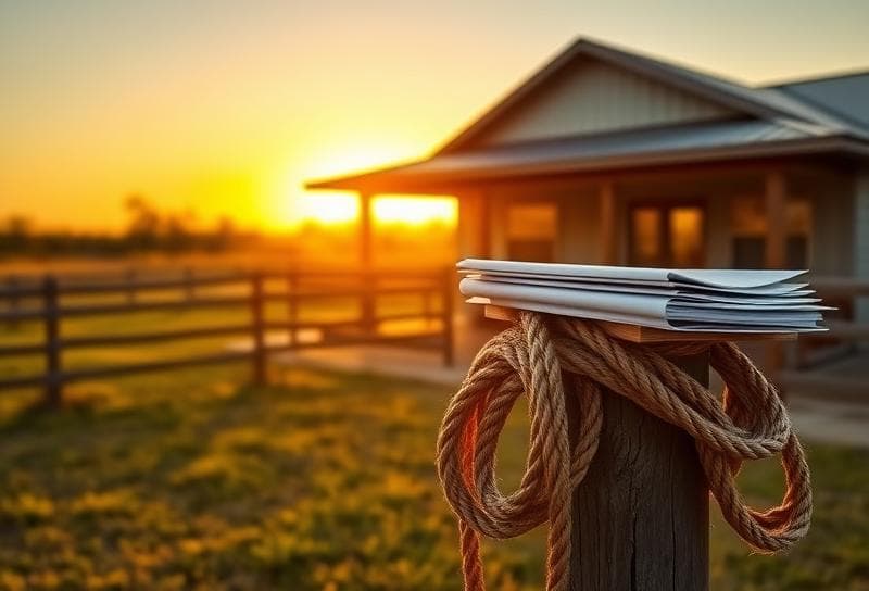 Texas ranch at sunset with lasso on fence, property documents on porch, highlighting property tax