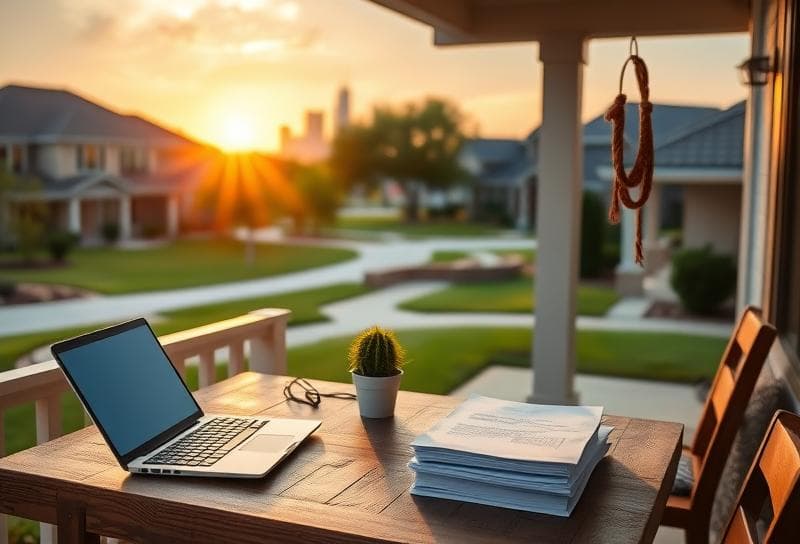 Modern Houston suburban neighborhood at sunset with property tax documents, laptop, and lasso on a