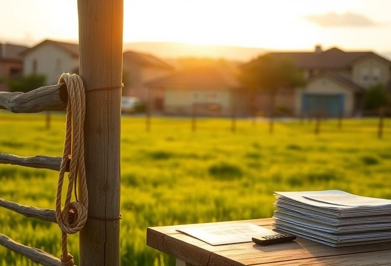 Sunlit Texas ranch with a lasso, property tax documents, and Houston suburbs in the background
