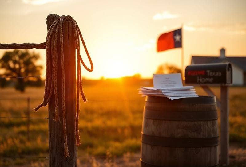 Texas ranch sunset with property tax documents, lasso, and Houston suburban neighborhood backdrop.