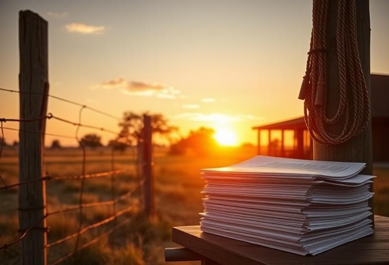 Texas ranch sunset with modern Houston home, lasso on fence, and property tax documents on