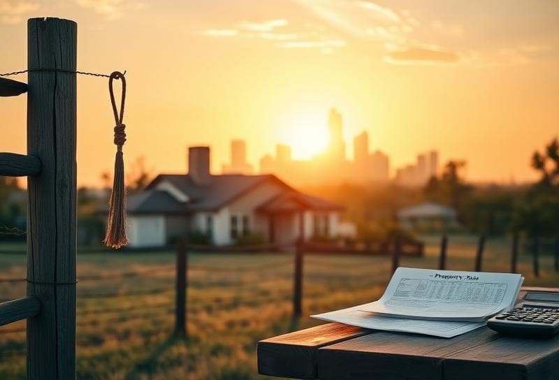 Sunlit Texas ranch with Houston suburban home, lasso on fence, and property tax documents on