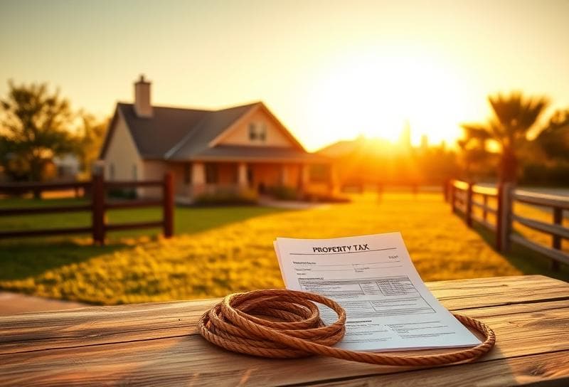 Texas ranch-style home with property tax documents and lasso on a rustic table, Houston skyline