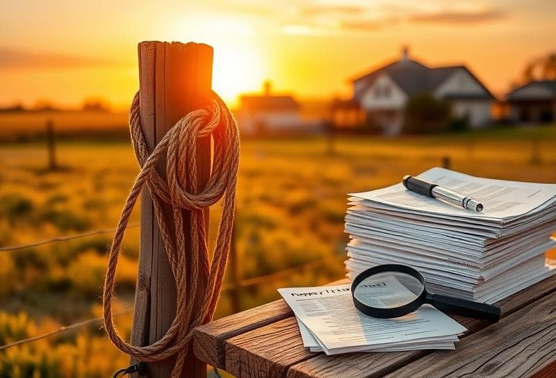 Sunset over a Texas ranch with a lasso, property tax documents, and expert tax scrutiny