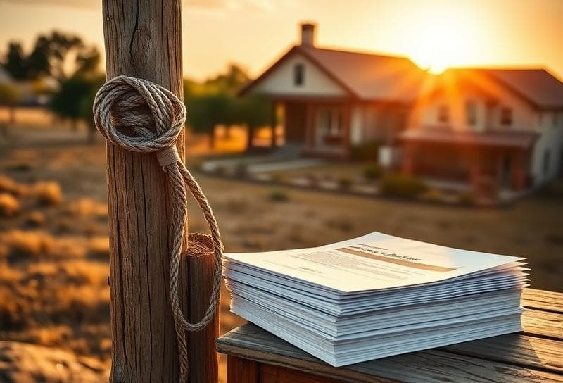 Texas ranch landscape with property tax documents, lasso, and Houston suburban home under golden-hour lighting.