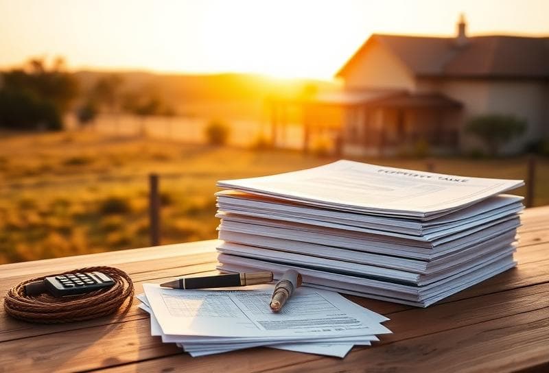 Sunlit Texas ranch with suburban home, desk holding home owner records, calculator, and lasso.