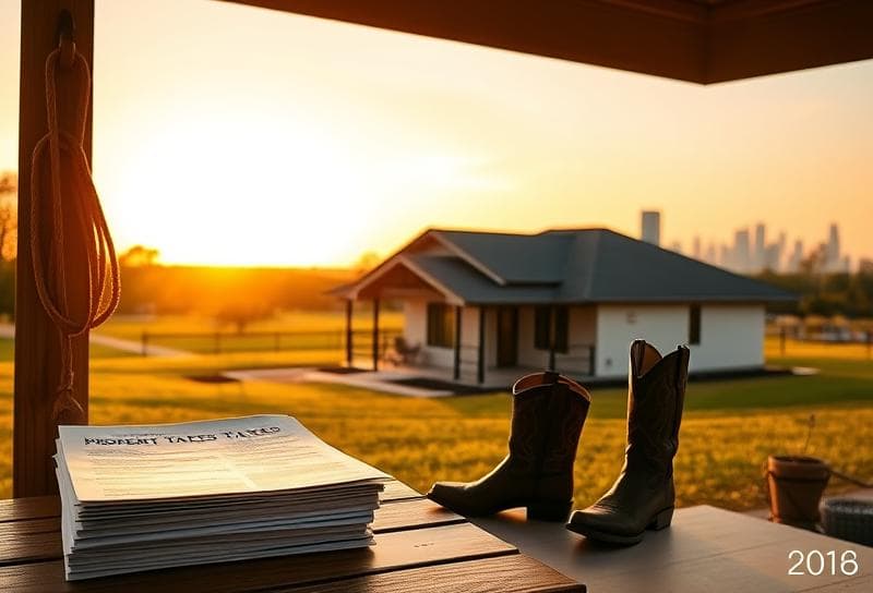 Texas ranch sunset with Houston-style home, lasso on fence, and property tax documents on porch.