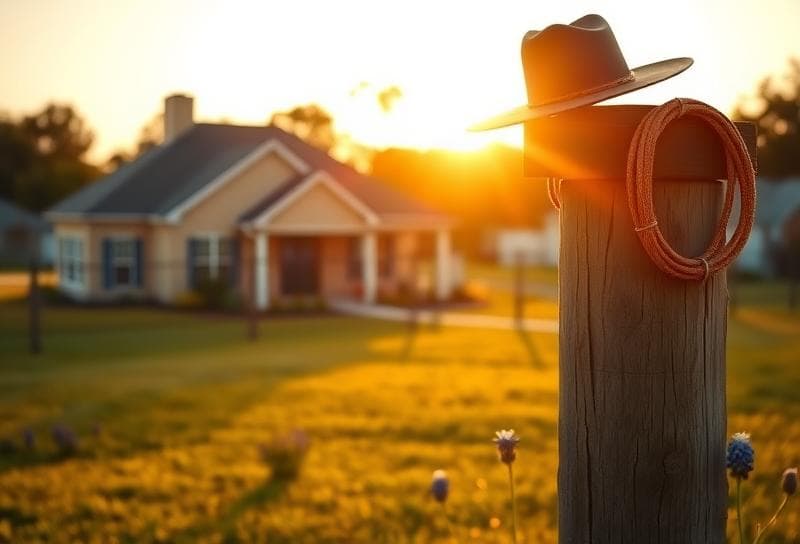 Suburban Houston home with bluebonnets, cowboy hat, and lasso symbolizing property value protest in Texas.