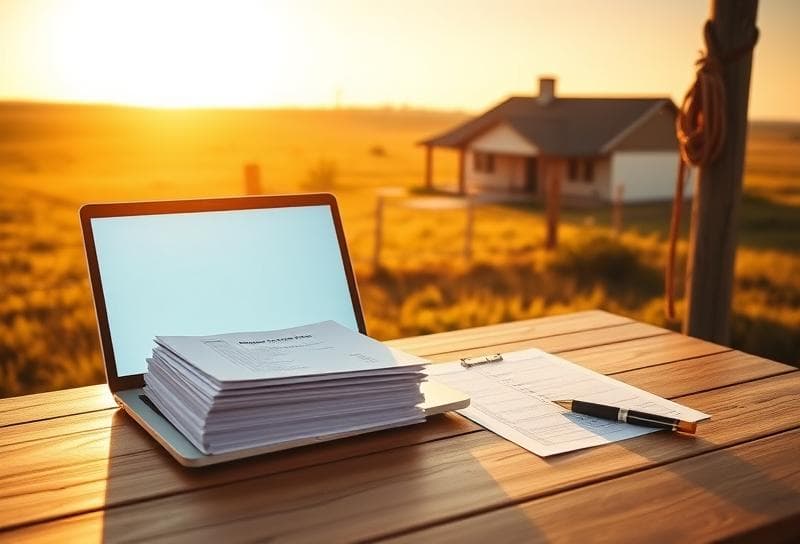 Wooden desk with laptop, tax documents, and checklist on a Texas ranch, Houston skyline in