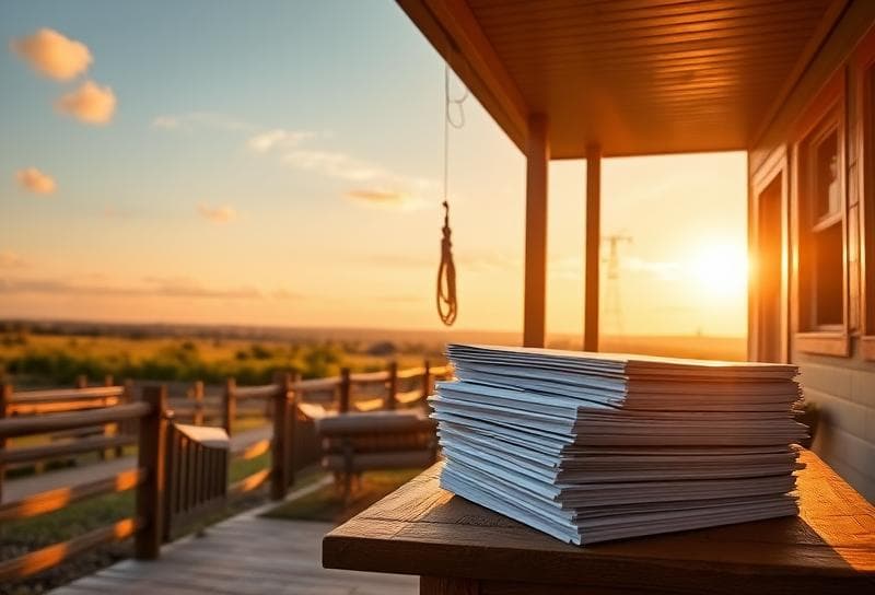 Texas ranch home with Houston skyline, property tax documents, and rental income tax calculator considerations.