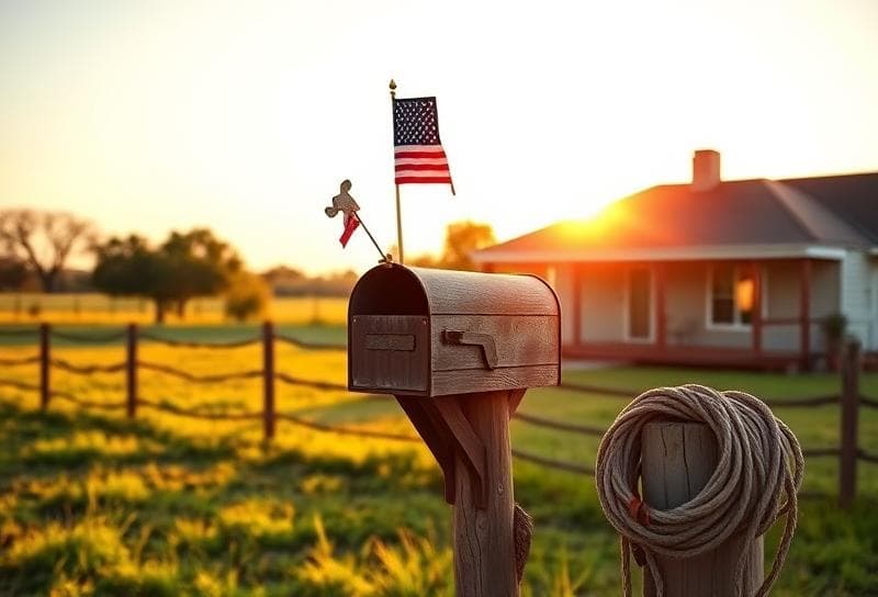 Sunlit Texas ranch with a cozy home, lasso, and mailbox, symbolizing tax relief for small businesses