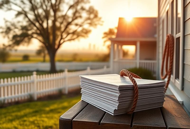 Houston suburban home with property tax documents and lasso, local tax office resources nearby.