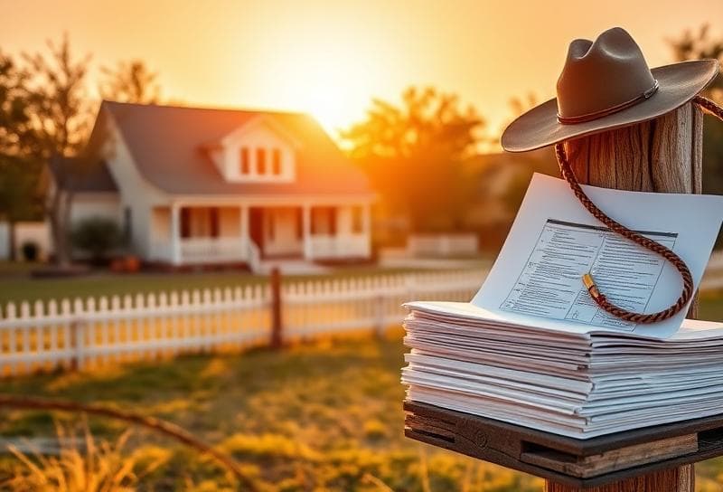Texas ranch home with cowboy hat, lasso, and property tax documents for tax sale resources.