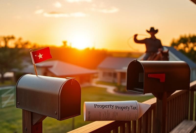 Texas ranch sunset with Houston-style home, cowboy lassoing, and property tax document on porch, highlighting