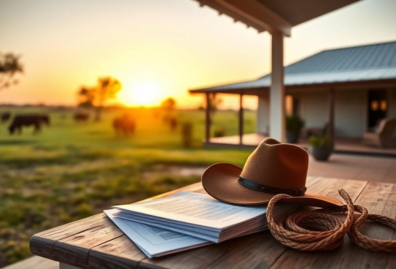 Texas ranch house at sunset with property tax documents, cowboy hat, and lasso on porch.