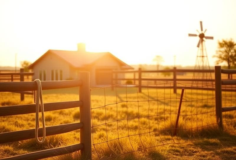 Sunlit Texas ranch with modern Houston home, lasso on fence, and distant windmill, symbolizing low property taxes