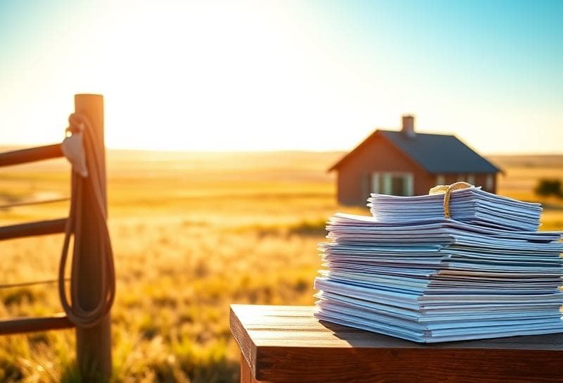 Sunlit Texas ranch with a Houston suburban home, lasso on fence, and property tax documents